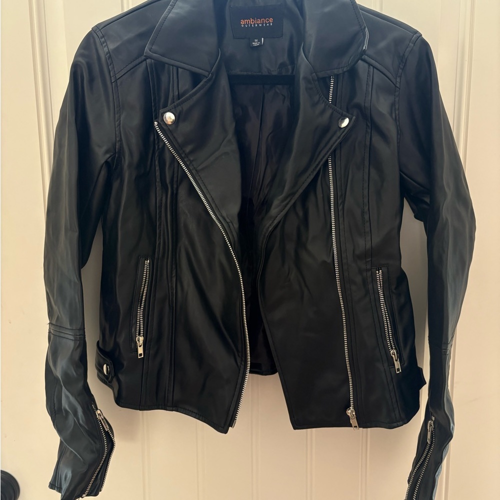 Ambiance Black Faux Leather Moto Jacket with Silver Hardware